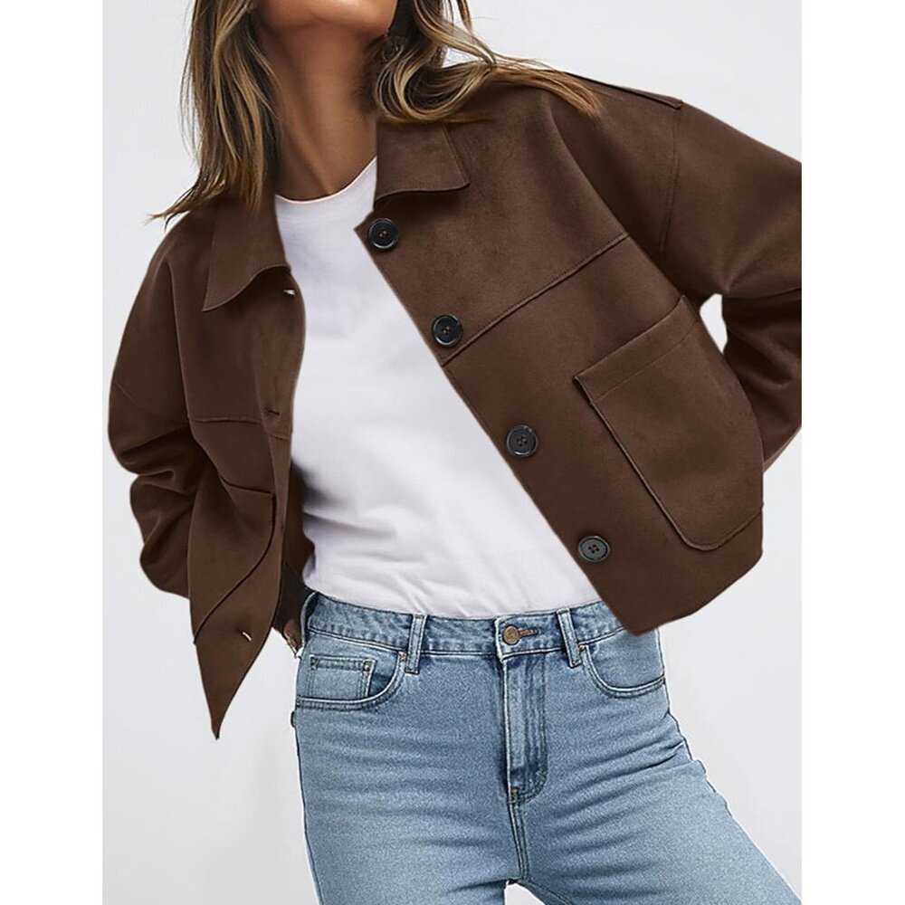 Women's Faux Suede Cropped Jacket Casual Lightweight Spring Outerwear Dark Brown - Picture 4 of 6